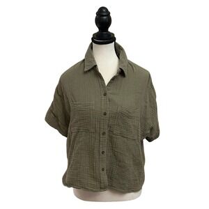 Madewell Gauze Shirt Olive Green Short Sleeve Button Front Pockets Women's XS